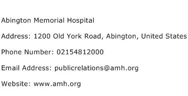Abington Memorial Hospital Address Contact Number
