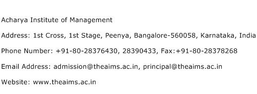 Acharya Institute of Management Address Contact Number