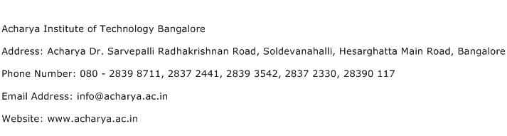 Acharya Institute of Technology Bangalore Address Contact Number