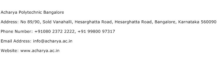 Acharya Polytechnic Bangalore Address Contact Number