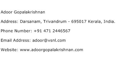 Adoor Gopalakrishnan Address Contact Number