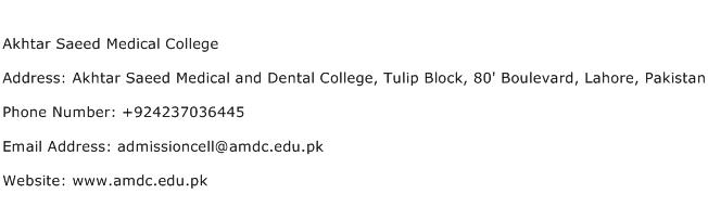 Akhtar Saeed Medical College Address Contact Number