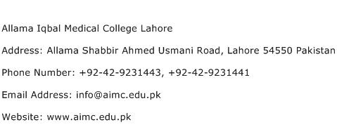 Allama Iqbal Medical College Lahore Address Contact Number