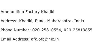 Ammunition Factory Khadki Address Contact Number