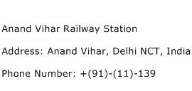 Anand Vihar Railway Station Address Contact Number