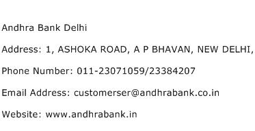 Andhra Bank Delhi Address Contact Number