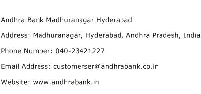 Andhra Bank Madhuranagar Hyderabad Address Contact Number