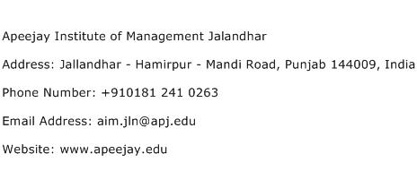 Apeejay Institute of Management Jalandhar Address Contact Number