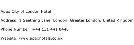 Apex City of London Hotel Address Contact Number