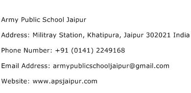 Army Public School Jaipur Address Contact Number