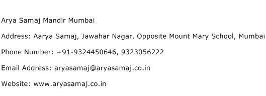 Arya Samaj Mandir Mumbai Address Contact Number