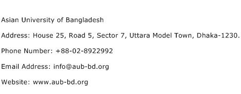Asian University of Bangladesh Address Contact Number