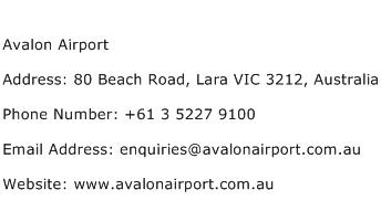 Avalon Airport Address Contact Number