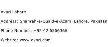 Avari Lahore Address Contact Number