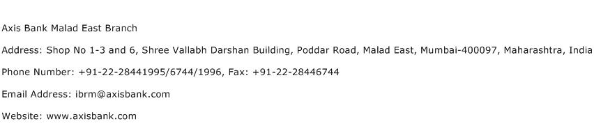 Axis Bank Malad East Branch Address Contact Number