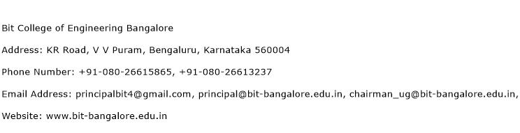 BIT College of Engineering Bangalore Address Contact Number