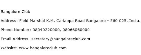 Bangalore Club Address Contact Number