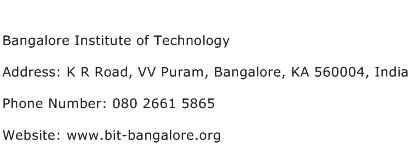 Bangalore Institute of Technology Address Contact Number