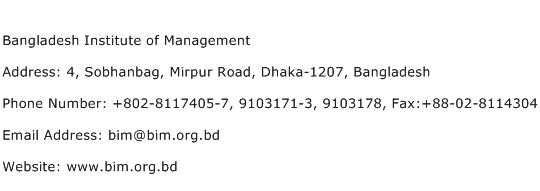 Bangladesh Institute of Management Address Contact Number