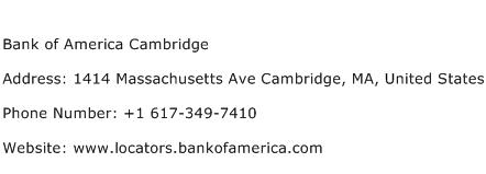 Bank of America Cambridge Address Contact Number