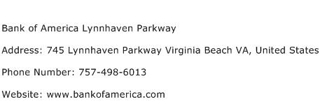 Bank of America Lynnhaven Parkway Address Contact Number
