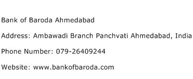 Bank of Baroda Ahmedabad Address Contact Number