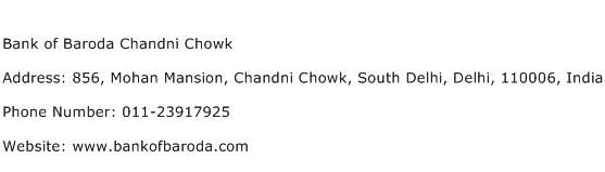 Bank of Baroda Chandni Chowk Address Contact Number
