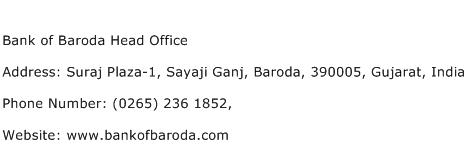 Bank of Baroda Head Office Address Contact Number