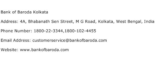 Bank of Baroda Kolkata Address Contact Number