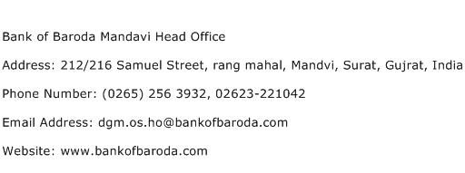 Bank of Baroda Mandavi Head Office Address Contact Number
