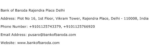 Bank of Baroda Rajendra Place Delhi Address Contact Number