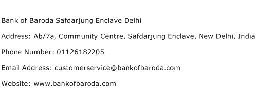 Bank of Baroda Safdarjung Enclave Delhi Address Contact Number