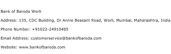 Bank of Baroda Worli Address Contact Number