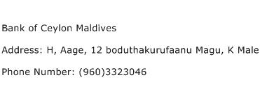 Bank of Ceylon Maldives Address Contact Number