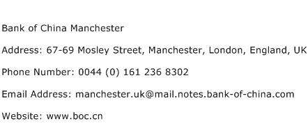 Bank of China Manchester Address Contact Number