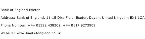 Bank of England Exeter Address Contact Number