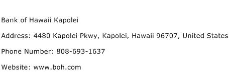 Bank of Hawaii Kapolei Address Contact Number