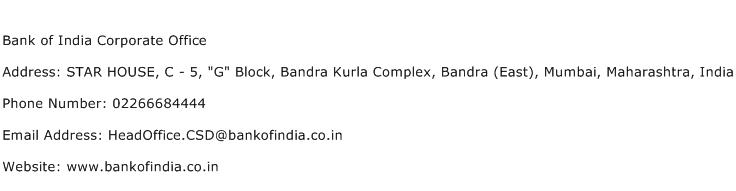 Bank of India Corporate Office Address Contact Number