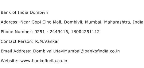 Bank of India Dombivli Address Contact Number