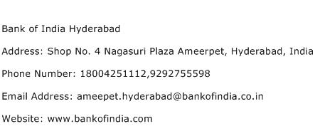 Bank of India Hyderabad Address Contact Number