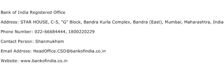 Bank of India Registered Office Address Contact Number