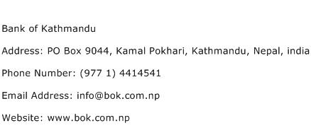 Bank of Kathmandu Address Contact Number