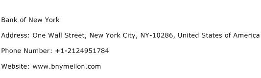 Bank of New York Address Contact Number