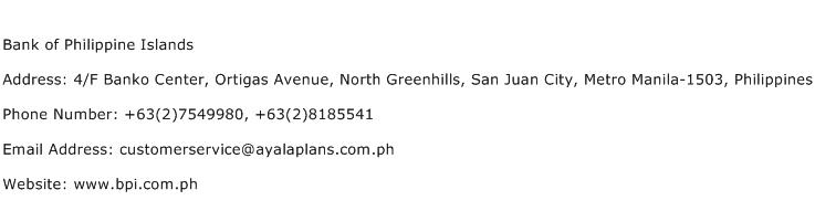 Bank of Philippine Islands Address Contact Number