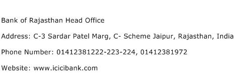 Bank of Rajasthan Head Office Address Contact Number