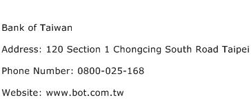 Bank of Taiwan Address Contact Number