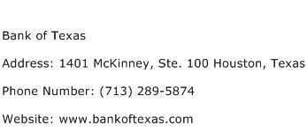 Bank of Texas Address Contact Number