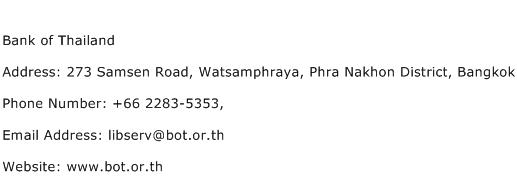 Bank of Thailand Address Contact Number