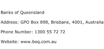 Banks of Queensland Address Contact Number