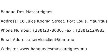 Banque Des Mascareignes Address Contact Number